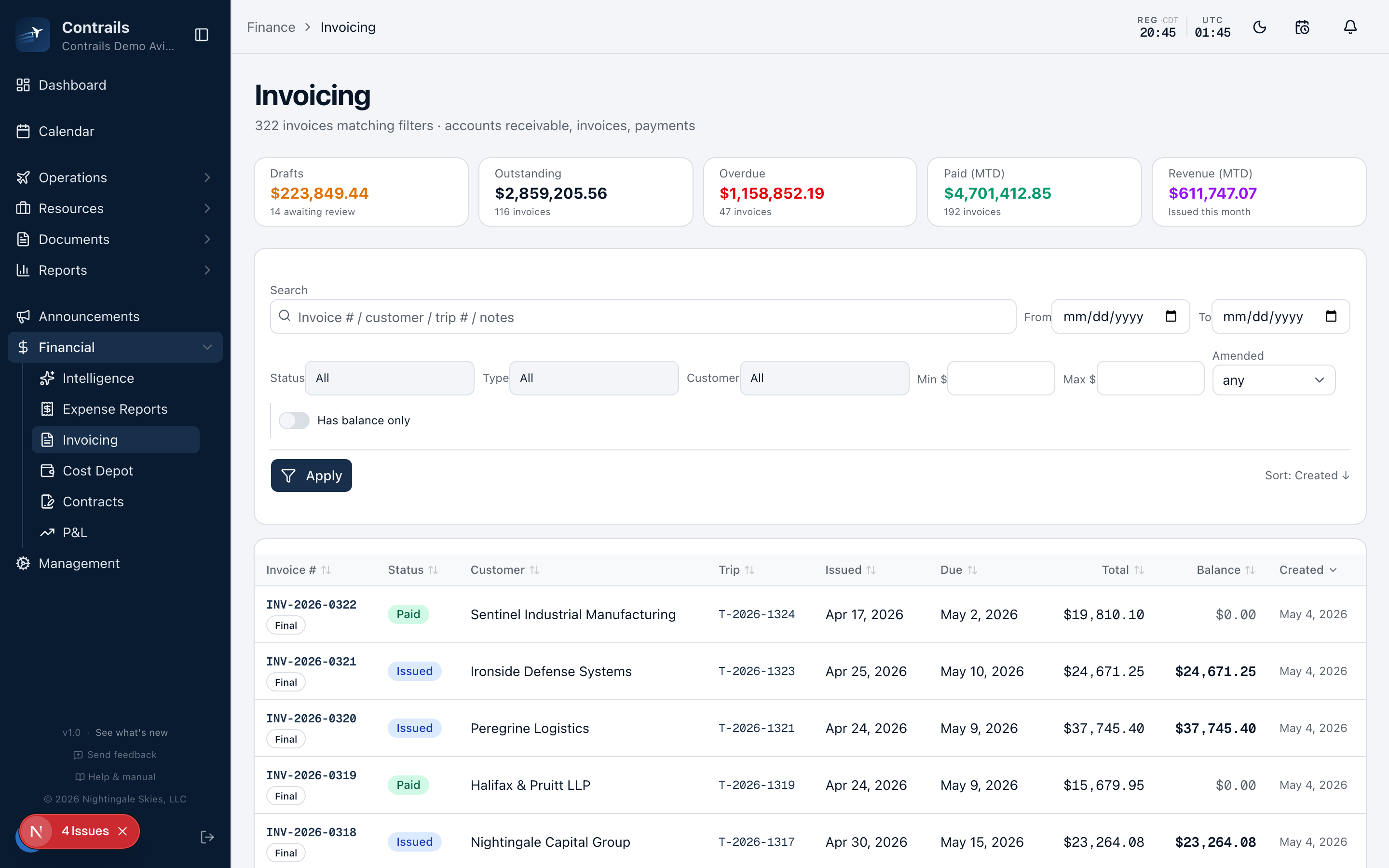 Contrails invoicing screen